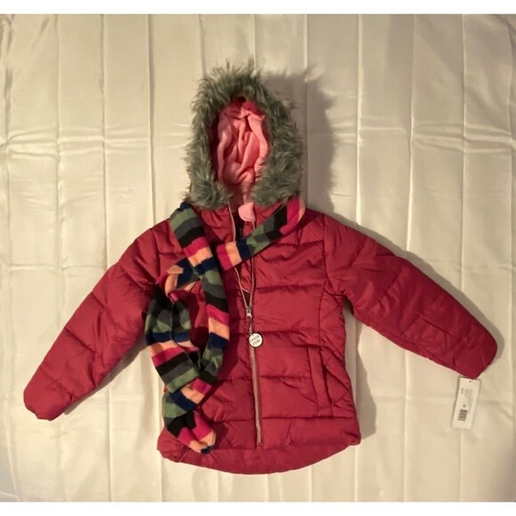 New Rothschild Raspberry Puffer Parka Coat w/ Scarf Faux Fur Trim Hood Girls 7/8 - Picture 1 of 6
